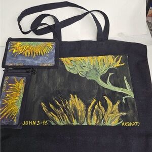 Hand-Painted Black Tote with Sunflower Design